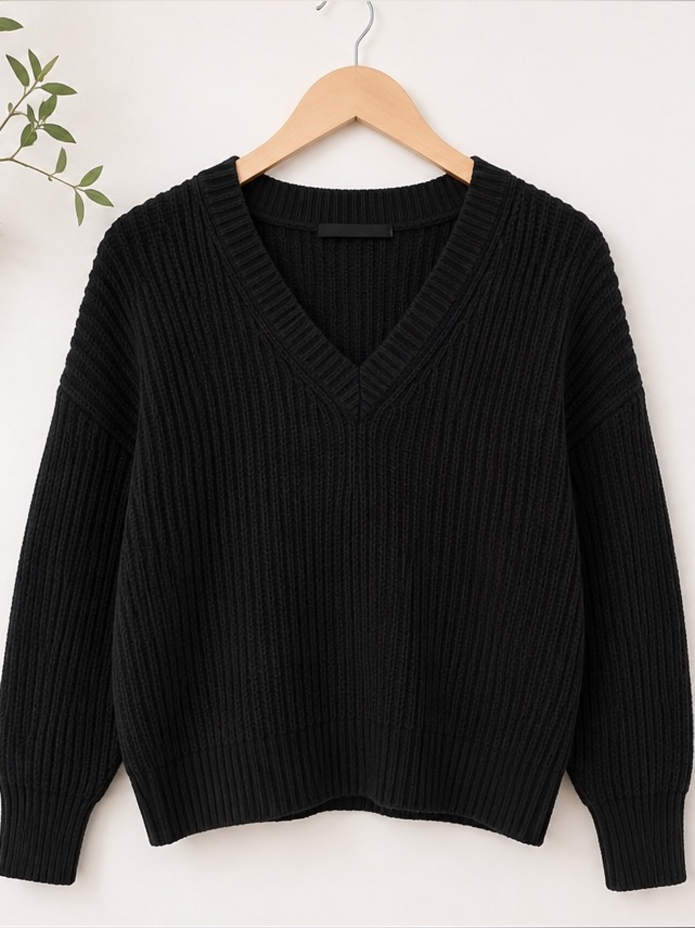 Zara Ribbed V-Neck Sweater Black Chunky Knit Oversized Pullover Medium